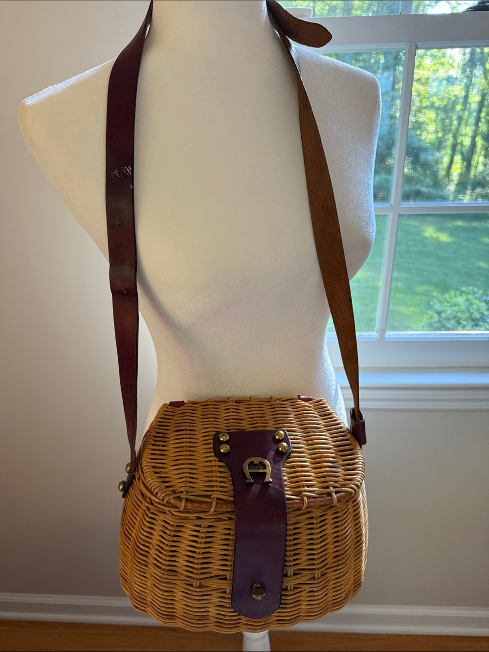 ETIENNE AIGNER 1950’s Vintage Creek Rattan Basket Oxblood Leather Crossbody Bag